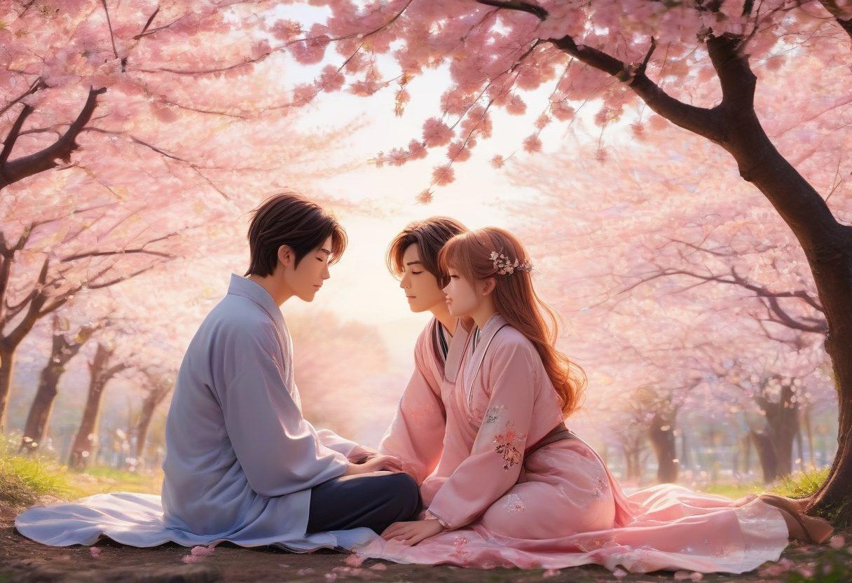 A dreamy scene featuring two characters from an anime, sitting close together under a cherry blossom tree, their expressions filled with warmth and connection. Soft pastel colors surround them, with delicate petals gently falling around, creating a romantic ambiance. In the background, subtle hints of manga panels can be integrated, illustrating moments of intimacy. Include a whimsical touch to highlight the themes of seduction and emotion. vibrant colors. delicate lines. soft focus.