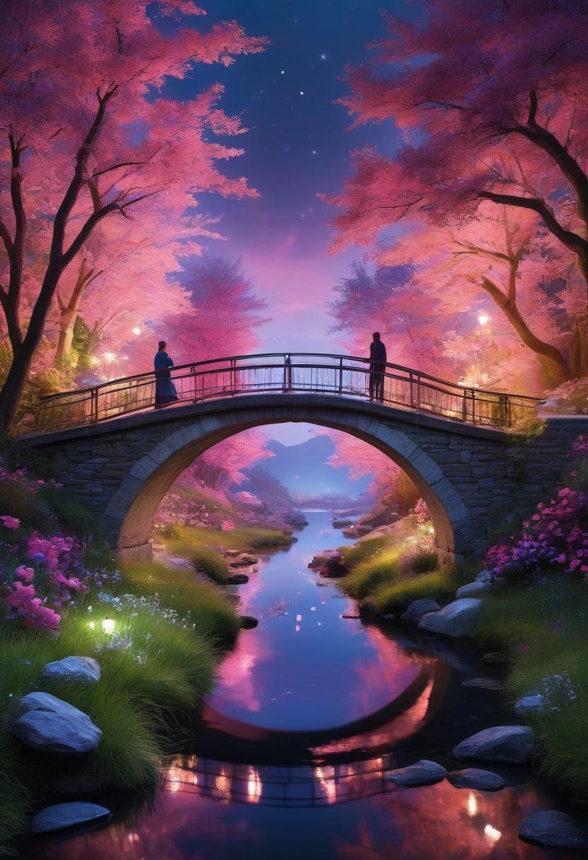 A surreal landscape merging a vibrant fantasy world with real-life elements, showcasing characters in whimsical yet intimate poses, embodying dreams and desires. Ethereal colors intertwine with realistic textures, symbolizing the bridge between imagination and reality. Include soft glowing lights and playful motifs that evoke affection and longing. super-realistic. vibrant colors. fantasy art.