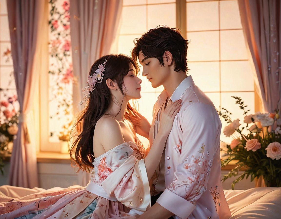 A captivating scene illustrating a romantic encounter between two anime characters in an intimate setting, surrounded by soft, warm lighting and delicate, flowing fabrics. The characters should be depicted with expressive facial features, showcasing passion and tenderness, while subtle hints of floral and abstract patterns enhance the atmosphere. A dreamy background with pastel colors to evoke a sense of allure and intimacy. super-realistic. vibrant colors. dreamy atmosphere.